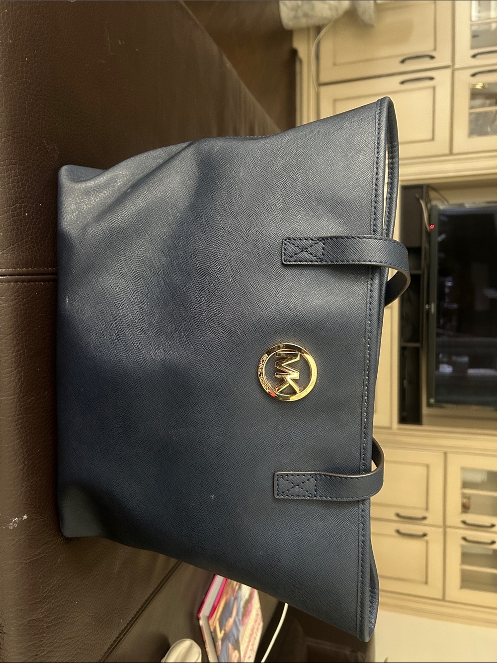 Michael Kors Navy Saffiano Tote with Gold Logo